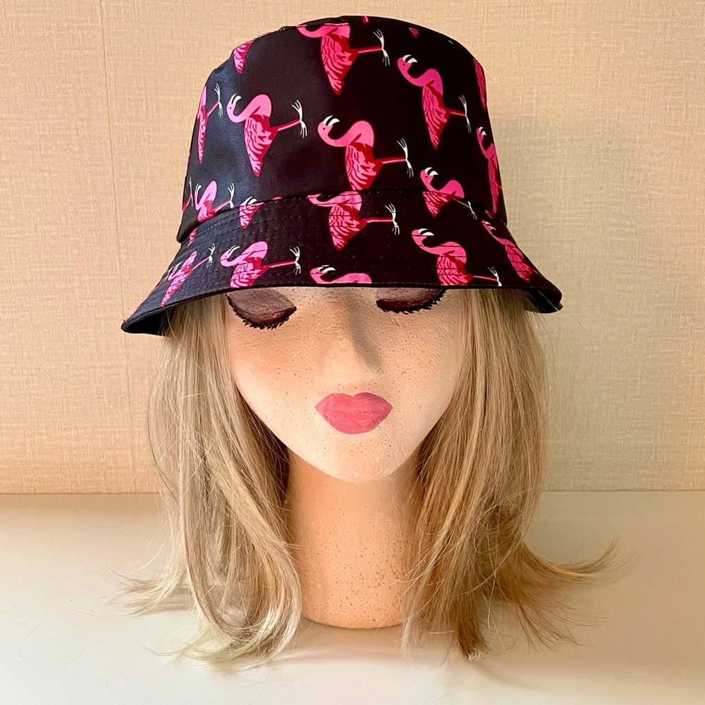 Beachy Reversible Bucket Hat, Black with Pink Flamingo Print, Unisex, Po…